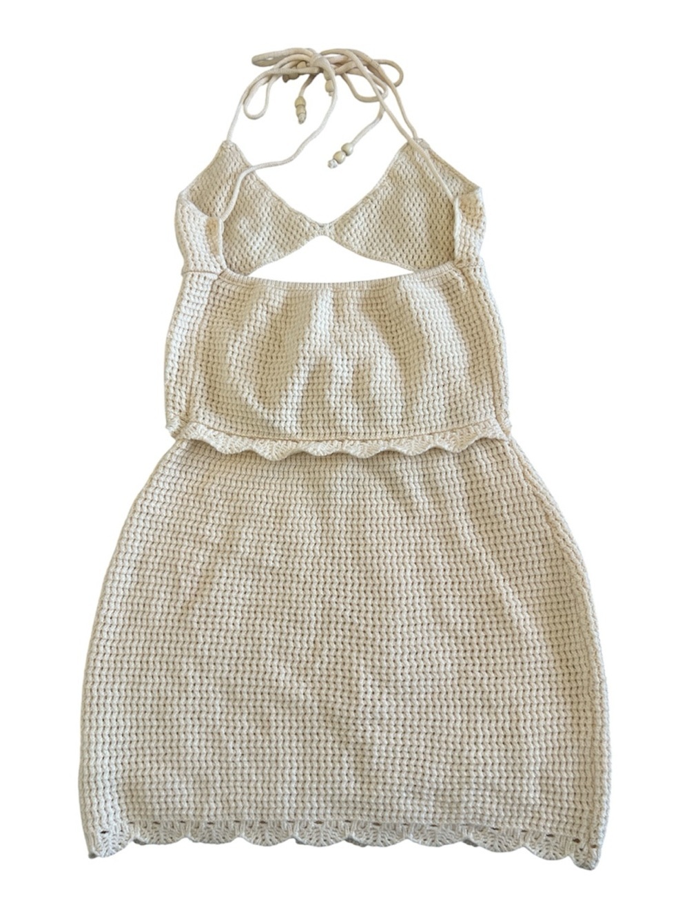 Cream Crochet Halter Cutout Bodycon Mini Dress - Size Small - Picture 3 of 4